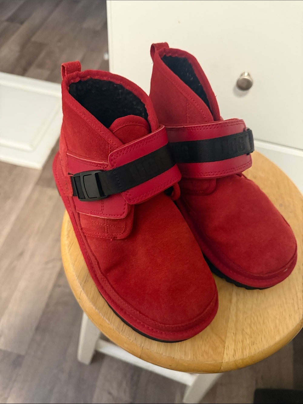 Neuw Kids Red Suede Strap Boots with Black Accent